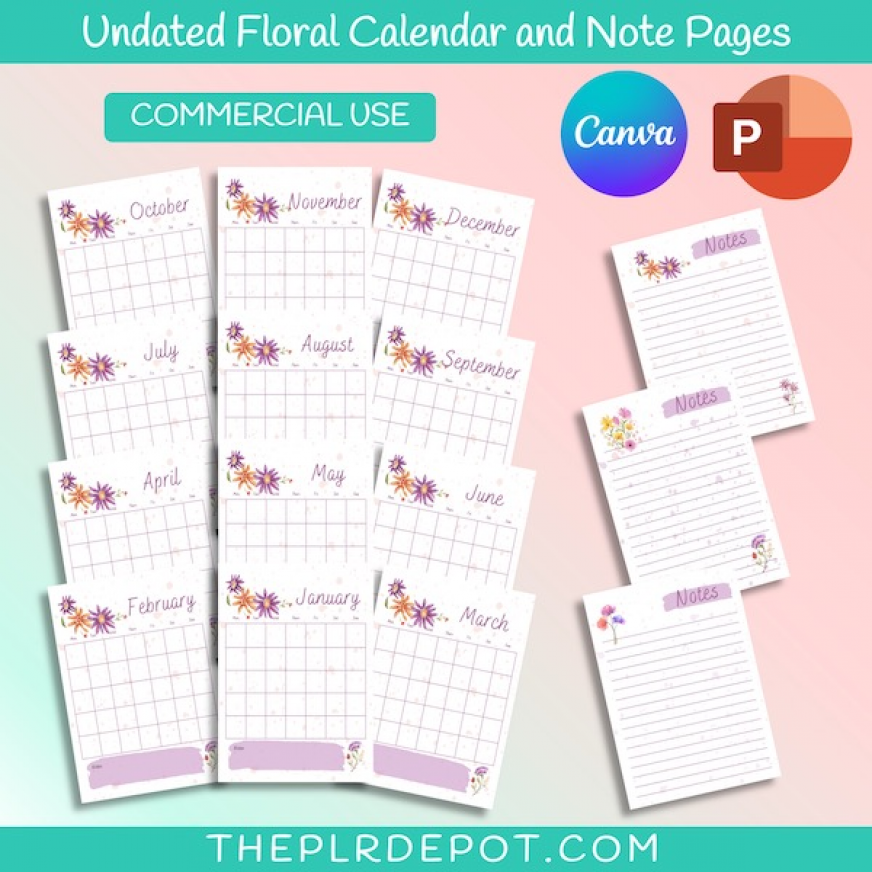 Purple Floral Undated Monthly Calendar & Notes